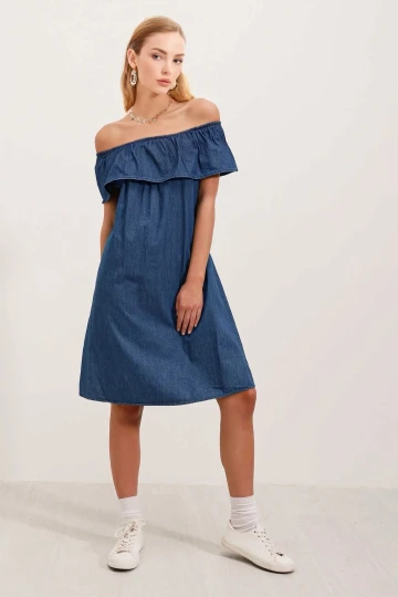 Kadın Denim Kolsuz Omzu Açık Carmen Yaka Jean Elbise HZL24S-BD114811