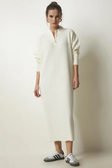Kadın Ekru Geniş Kalıp Fermuarlı Yaka  Fitilli Triko Midi Elbise HZL24W-BD1101831