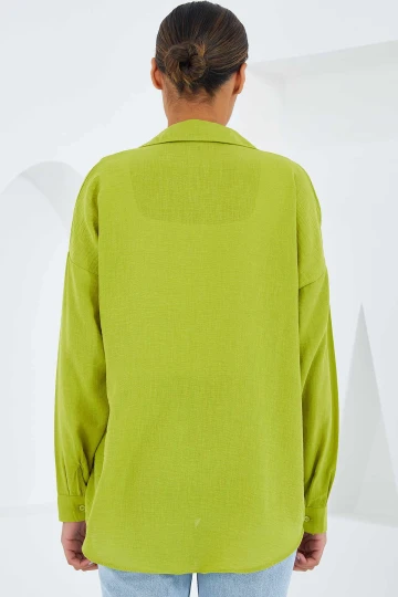 Kadın Fıstık Yeşil Tek Cepli Oversize Keten Ayrobin Gömlek HZL24S-BD1201531