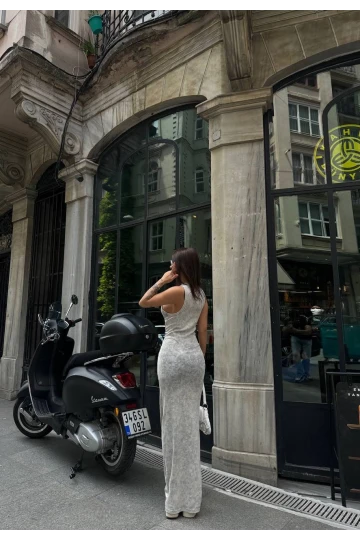 Kadın Gri Bisiklet Yaka Sıfır Kol Yıkamalı Fitilli Uzun Elbise HZL24S-VL1241071