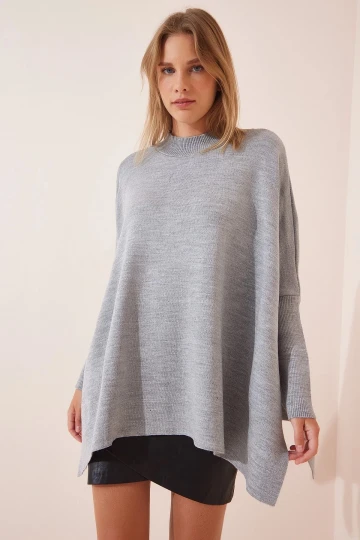 Kadın Gri Oversize Yırtmaçlı Panço Triko Kazak  HZL23W-BD1100761