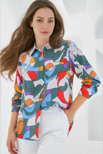 Kadın Haki Gri Mavi Kırmızı Geometrik Desenli Uzun Kolllu Oversize Viskon Gömlek HZL24S-BD1202251
