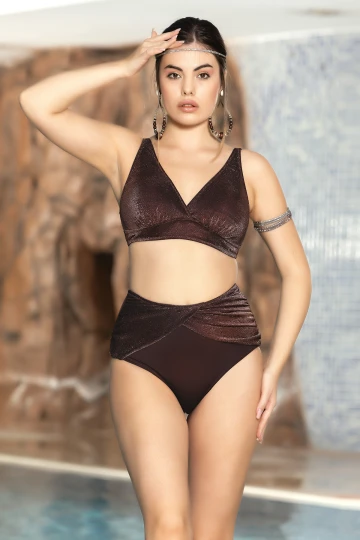 Kadın Kahverengi Simli V Yaka Ayarlanabilir Askılı Yüksel Bel Üçgen Bikini Takımı HZL24S-AR1764