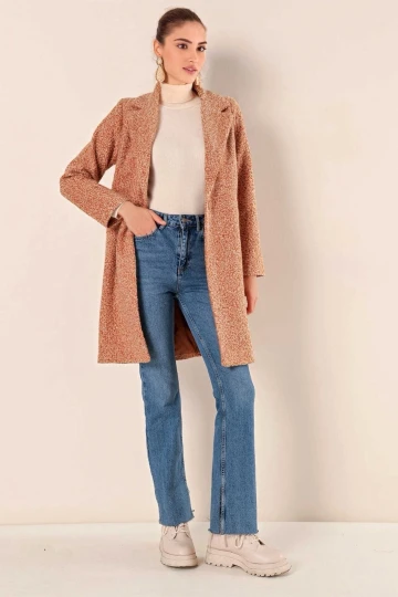 Kadın Kırçıllı Camel Tek Düğmeli Çift Cepli Astarlı Buklet Kaşe Kaban HZL22W-BD190821