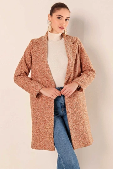 Kadın Kırçıllı Camel Tek Düğmeli Çift Cepli Astarlı Buklet Kaşe Kaban HZL22W-BD190821