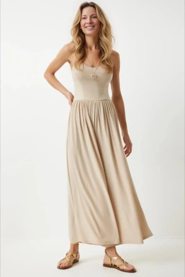 Kadın Krem Ayarlanabilir Askılı Beli Lastikli Bol Paça Yazlık Örme Tulum HZL24S-BD170291