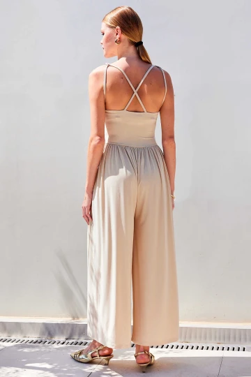 Kadın Krem Ayarlanabilir Askılı Beli Lastikli Bol Paça Yazlık Örme Tulum HZL24S-BD170291