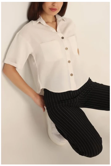 Kadın Krem Kısa Kollu Oversize Çift Cepli Keten Gömlek HZL24S-BD1201801
