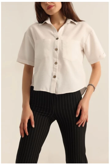 Kadın Krem Kısa Kollu Oversize Çift Cepli Keten Gömlek HZL24S-BD1201801