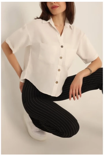 Kadın Krem Kısa Kollu Oversize Çift Cepli Keten Gömlek HZL24S-BD1201801