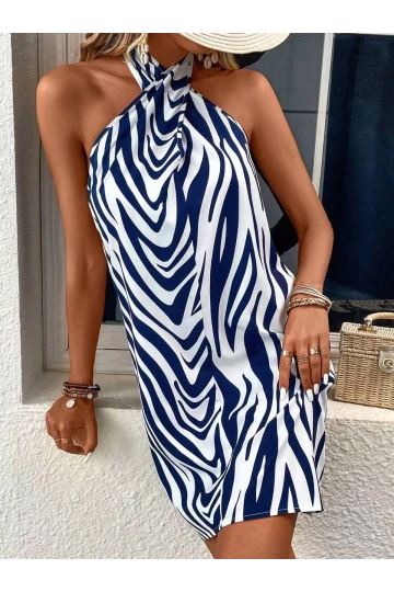 Kadın Mavi Beyaz Boyundan Bağlamalı Mosskrep Dijital Baskılı Astarsız Mini Elbise HZL25S-FRY120971