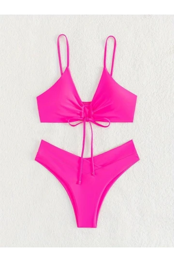Kadın Neon Pembe İp Detaylı Astarlı V Kesim Üçgen Bikini Takım HZL24S-LC2234