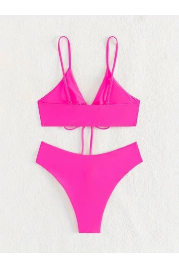 Kadın Neon Pembe İp Detaylı Astarlı V Kesim Üçgen Bikini Takım HZL24S-LC2234