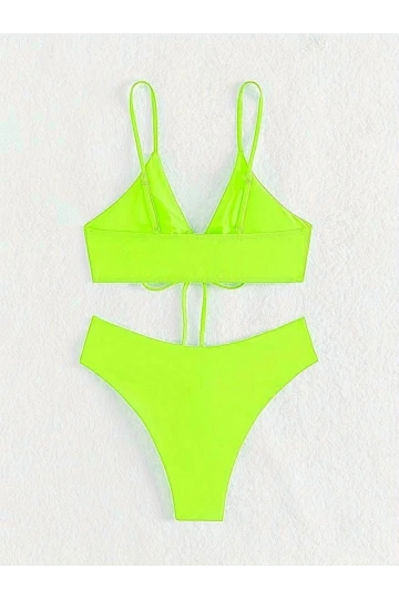 Kadın Neon Yeşil İp Detaylı Astarlı V Kesim Üçgen Bikini Takım HZL24S-LC2234