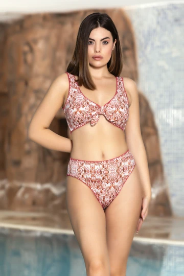 Kadın Pembe Beyaz Desenli Göğüs Askılı Astarlı Yüksel Bel Bikini Takım HZL24S-AR1608