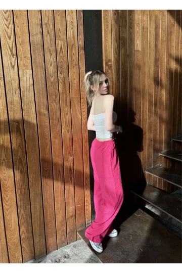 Kadın Pembe Cepli Beli Lastikli Bol Paça Keten Pantolon HZL24S-ZK11051
