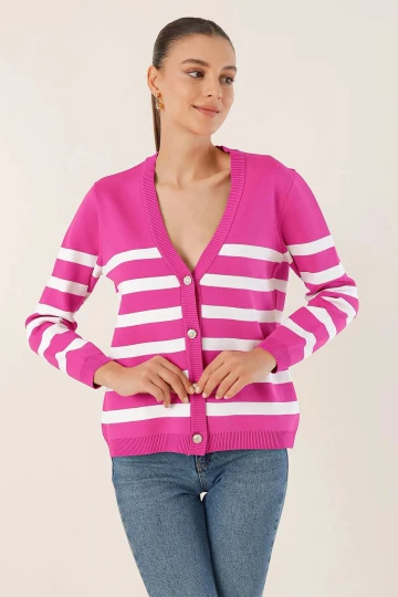 Kadın Pembe Çizgili V yaka Rahat Kesim Triko Hırka HZL24W-BD1102151