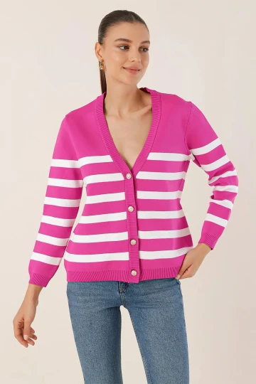 Kadın Pembe Çizgili V yaka Rahat Kesim Triko Hırka HZL24W-BD1102151