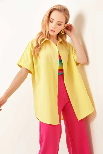 Kadın Sarı Oversize Uzun Kısa Kollu Basic Poplin Gömlek HZL22S-BD1201201