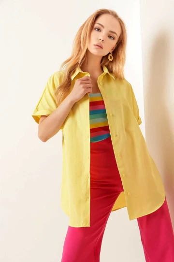Kadın Sarı Oversize Uzun Kısa Kollu Basic Poplin Gömlek HZL22S-BD1201201