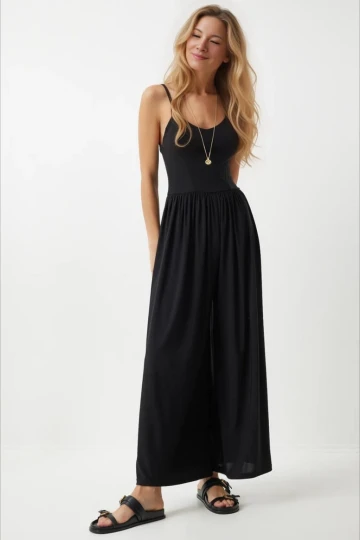 Kadın Siyah Ayarlanabilir Askılı Beli Lastikli Bol Paça Yazlık Örme Tulum HZL24S-BD170291