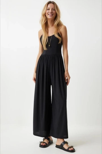 Kadın Siyah Ayarlanabilir Askılı Beli Lastikli Bol Paça Yazlık Örme Tulum HZL24S-BD170291