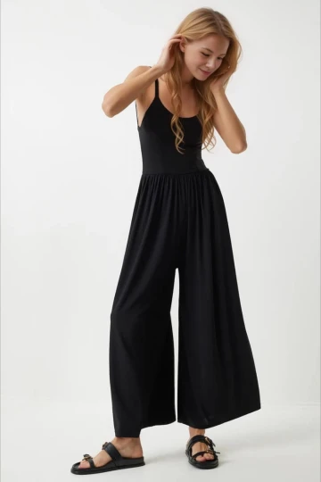 Kadın Siyah Ayarlanabilir Askılı Beli Lastikli Bol Paça Yazlık Örme Tulum HZL24S-BD170291