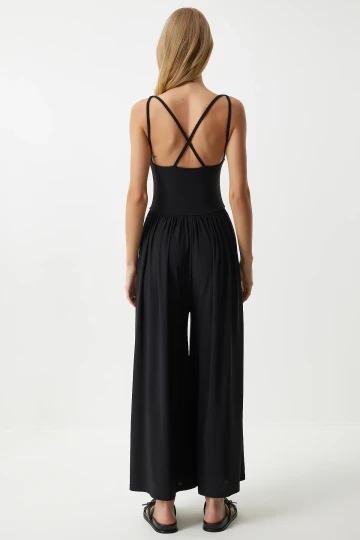 Kadın Siyah Ayarlanabilir Askılı Beli Lastikli Bol Paça Yazlık Örme Tulum HZL24S-BD170291