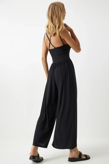 Kadın Siyah Ayarlanabilir Askılı Beli Lastikli Bol Paça Yazlık Örme Tulum HZL24S-BD170291