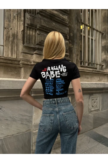 Kadın Siyah Organik Pamuk Racing Babe Baskılı Kısa Kollu Crop Bluz HZL24S-ZK10961