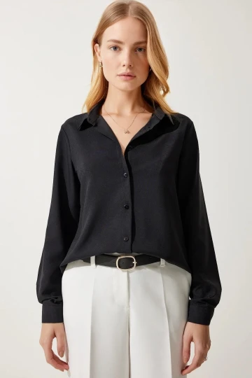 Kadın Siyah Yumuşak Dokulu Basic Gömlek HZL24W-BD1202091