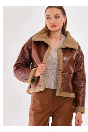 Kadın Taba İçi Kürklü Düğmeli Suni Deri Mont HZL23W-BRC129331