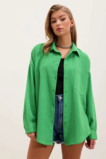 Kadın Yeşil Tek Cepli Oversize Keten Ayrobin Gömlek HZL24S-BD1201531