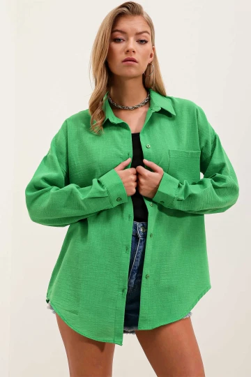Kadın Yeşil Tek Cepli Oversize Keten Ayrobin Gömlek HZL24S-BD1201531
