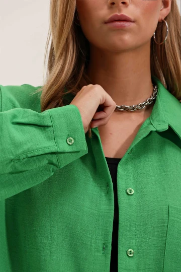 Kadın Yeşil Tek Cepli Oversize Keten Ayrobin Gömlek HZL24S-BD1201531