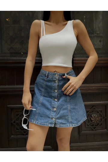 Kadın Beyaz Çift Askılı Tek Kol Crop Bluz HZL24S-ZK11011