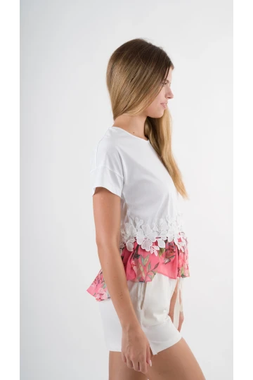 Kadın Beyaz Dantel Çiçek Desenli Bisiklet Yaka Bluz HZL24S-YY256