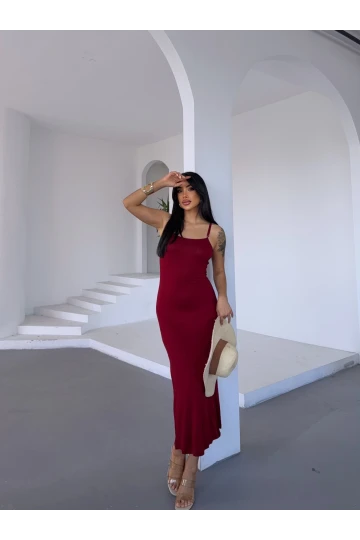 Kadın Bordo Ayarlanabilir Askılı Midi Boy Elbise HZL25S-FRY122921