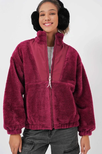 Kadın Bordo Baskılı Fermuarlı Suni Yünlü Astarlı Peluş Ceket HZL25W-BD151941