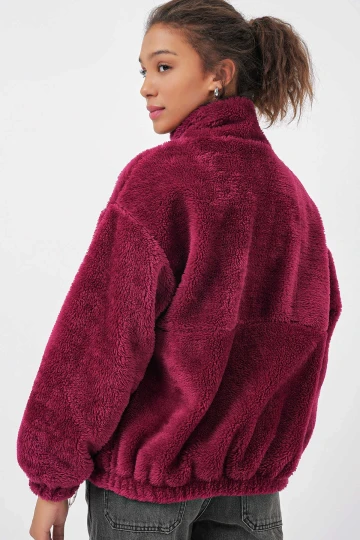 Kadın Bordo Baskılı Fermuarlı Suni Yünlü Astarlı Peluş Ceket HZL25W-BD151941