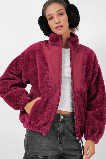 Kadın Bordo Baskılı Fermuarlı Suni Yünlü Astarlı Peluş Ceket HZL25W-BD151941