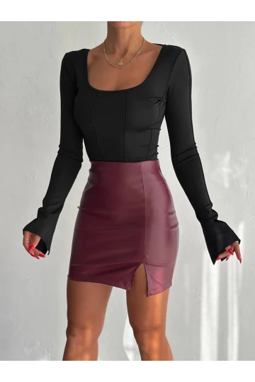 Kadın Bordo Beli Lastikli Yırtmaçlı Mini Etek HZL25W-FRY122421