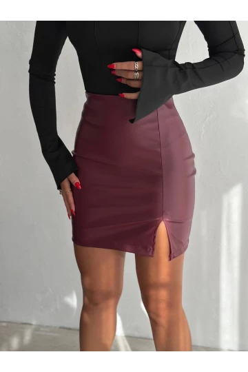 Kadın Bordo Beli Lastikli Yırtmaçlı Mini Etek HZL25W-FRY122421