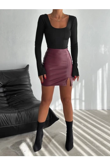 Kadın Bordo Beli Lastikli Yırtmaçlı Mini Etek HZL25W-FRY122421