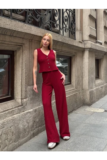 Kadın Bordo Beli Lastilkli Gofre Kumaş Pantolon HZL24S-ZK13261