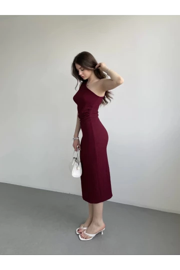 Kadın Bordo Gofre Kumaş Tek Omuz Bluz HZL25S-ZK13271
