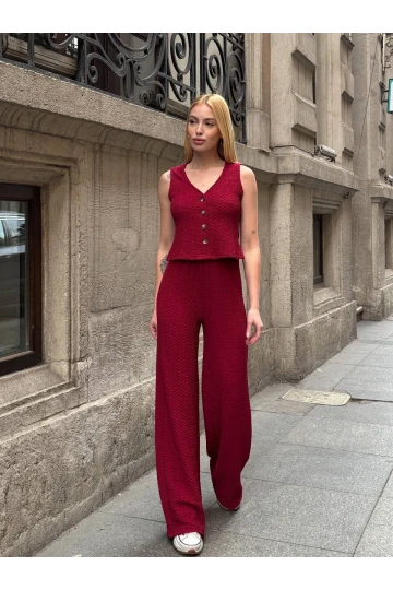 Kadın Bordo Gofre Kumaş Yelek Pantolon İkili Takım HZL25S-ZK13591
