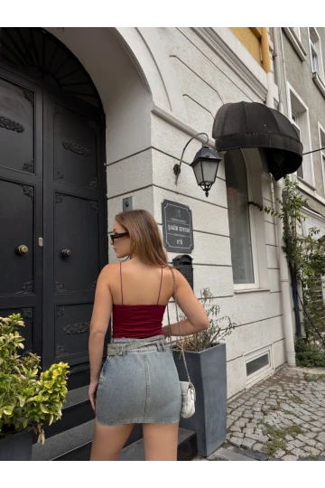 Kadın Bordo İp Askılı Örme Body Bluz HZL24S-ZK11001