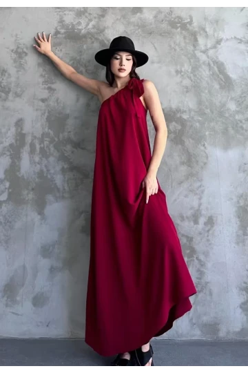 Kadın Bordo Omuzdan Bağlamalı Maxi Boy Dokuma Elbise HZL22S-DSB110031