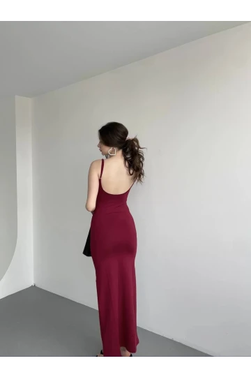 Kadın Bordo Sırtı Açık Yumuşak Dokulu Elbise HZL25S-ZK13281